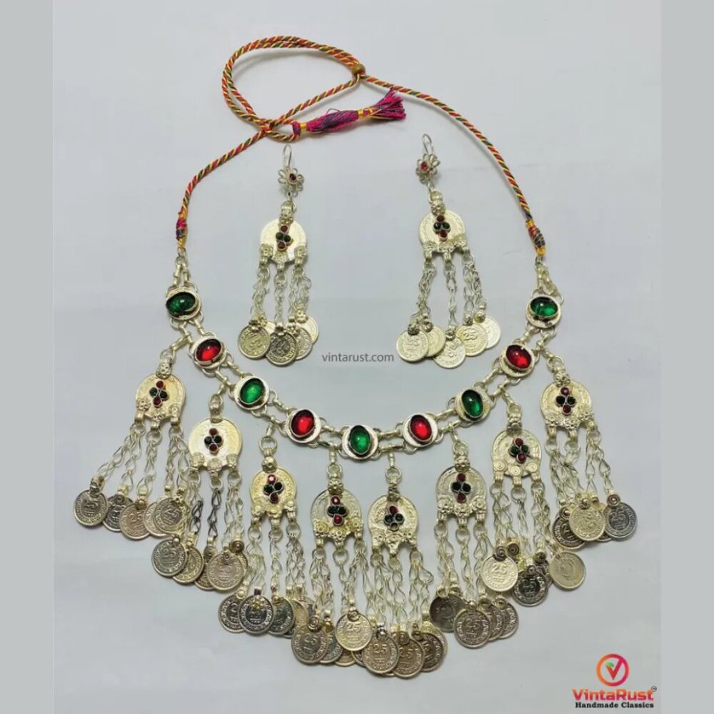 Afghan Kuchi Jewelry Set: Tribal Coins Choker Necklace & Dangle Earrings